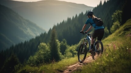 Fototapeta na wymiar Mountain biking woman riding on bike in summer mountains forest landscape Generative AI