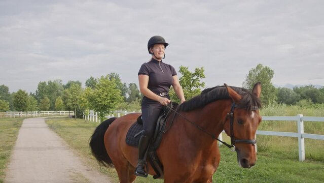 Horsewoman in black equestrian outfit riding her beautiful chestnut horse along the trail on a summer day, side view. Horsemanship concept.