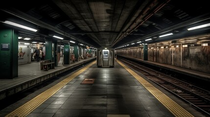 Fototapeta na wymiar A subway train station platform. AI generated