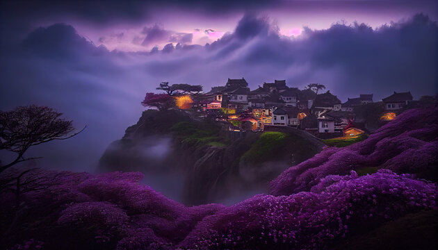 Japanese Gorden With Traditional Village on Misty Mountain of Landscape Background AI Generative