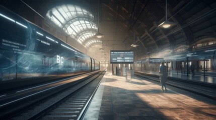 Obraz premium A train station with levitating trains and holograph. AI generated