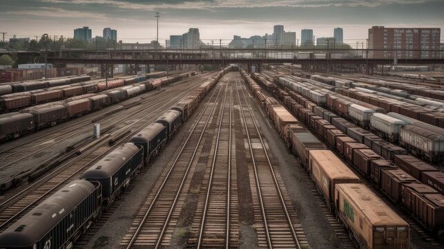A train yard with lines of boxcars waiting. AI generated