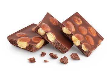 Chocolate with hazelnuts isolated on white background with full depth of field.