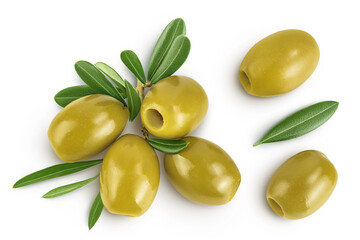 Green olives with leaves isolated on a white background with full depth of field. Top view. Flat lay