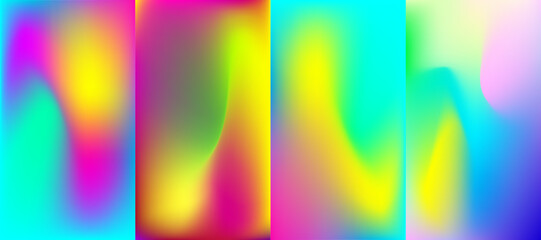 Set of abstract holographic wallpapers with gradient. Graphic design template for device screen, web, ui. Trendy vector backgrounds for smartphone, tablet. Liquid colored fluid illustration.