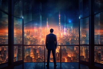 Fototapeta premium Back view of businessman in suit standing at office looking at night city through panoramic window. Generative AI