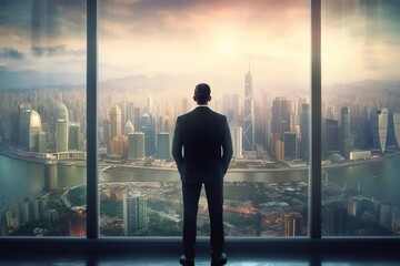 Fototapeta na wymiar Back view of businessman in suit standing at office looking at city through panoramic window. Generative AI