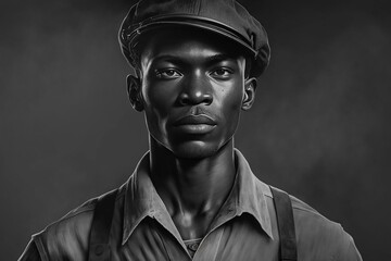 Working class afro American man in working clothes, fictitious person. AI generated image