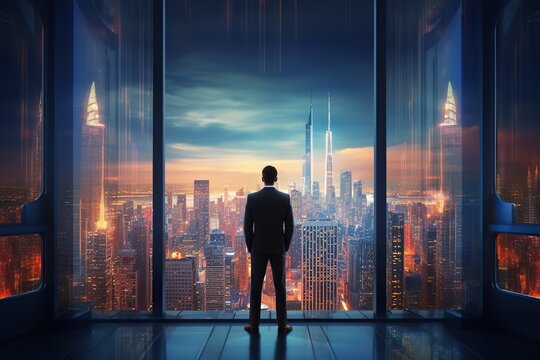 Back view of businessman in suit standing at office looking at night city through panoramic window. Generative AI