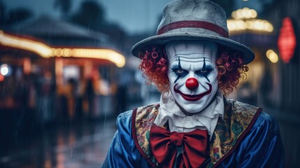 Obraz premium Evil clown. Portrait of scary spooky clown monster from horror movie with vintage circus on background. Generative AI