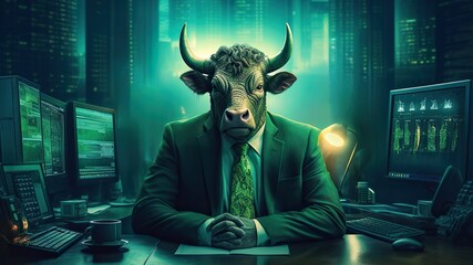 Bull market. Bull in suit with green charts on monitors in Wall Street office, growth uptrend in trading. Generative AI