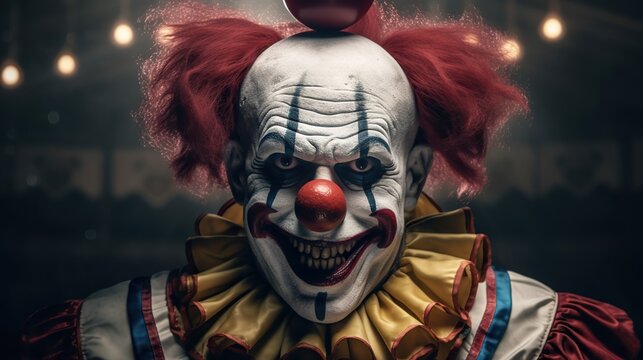 Evil clown. Portrait of scary spooky clown monster from horror movie with vintage circus on background. Generative AI
