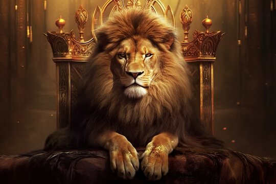 Lion sitting on throne like a king, royal oil painting portrait. Generative AI