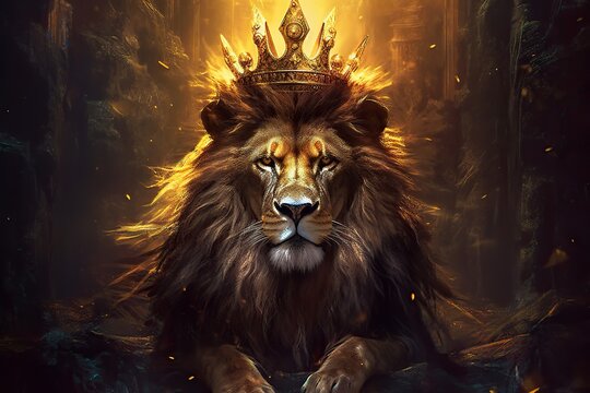 Lion sitting on throne like a king, wearing crown, royal oil painting portrait. Generative AI