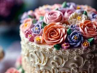 Obraz na płótnie Canvas Decorated Mother's Day cake, with intricate icing details and edible flowers.