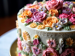 Fototapeta na wymiar Decorated Mother's Day cake, with intricate icing details and edible flowers.