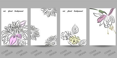 Set of cover template with outline flowers. Abstract minimal background for printing on covers, banners, sales, flyers. Fashion design. Vector. Line art.