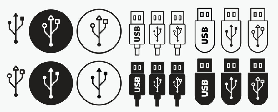 USB cable icon set. pen drive or flash drive storage vector symbol. USB port pictogram on white background. 