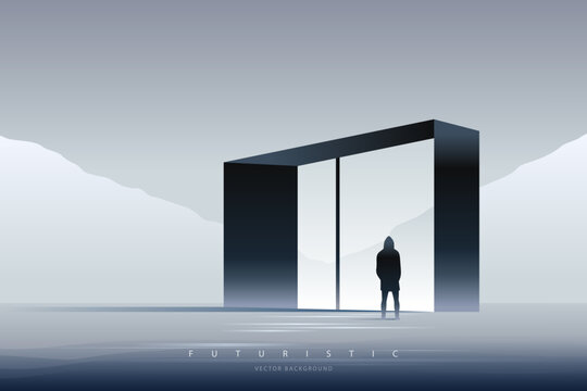 Minimal futuristic landscape. Mountain background with a lonely figure in front of the portal. Sci-Fi poster. Abstract art wallpaper for web, prints, art decoration and applications. Vector