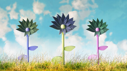 Three colorful stylized flowers