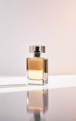Minimalist luxury: fragrance contained in a sleek transparent bottle on a modern stand.