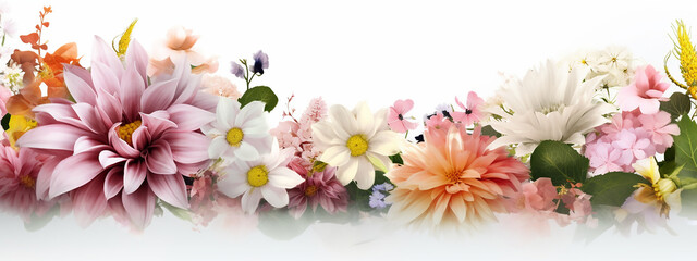 Blooming wonders: Floral banner showcasing a myriad of vibrant flowers, ideal for festive and seasonal adverts.
