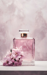 Obraz na płótnie Canvas Elegant perfume bottle embraced by delicate pink blossoms, exuding femininity and sophistication on a marble backdrop.