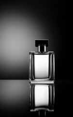 Illuminated lines showcase an elegant perfume bottle, casting a mesmerizing reflection and symbolizing high-end luxury.