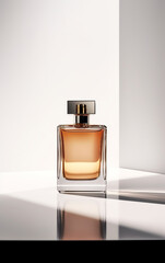 Elegant perfume bottle poised on a reflective surface, capturing the essence of modern luxury and style.