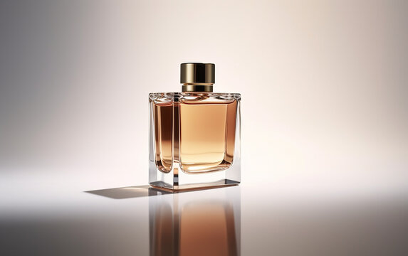 Minimalistic perfume bottle on reflective surface, emphasizing pure elegance and sophistication.