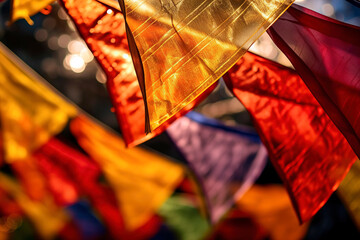 Prayer flags, fluttering gently in the breeze, strung across the courtyard of a Buddhist temple during Vesak Day.