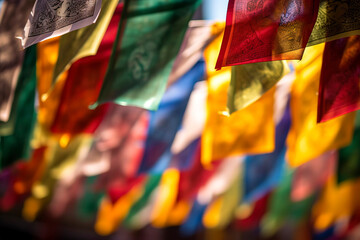 Prayer flags, fluttering gently in the breeze, strung across the courtyard of a Buddhist temple during Vesak Day.