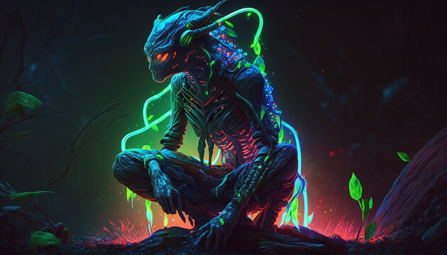 Meditation creature neon AI Generated illustration