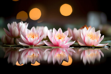 Vesak Day floral arrangement, featuring a stunning display of lotus blossoms floating in a tranquil pool of water at a Buddhist temple.