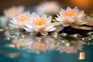 Fototapeta na wymiar Vesak Day floral arrangement, featuring a stunning display of lotus blossoms floating in a tranquil pool of water at a Buddhist temple.