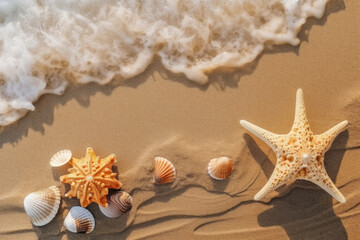 Fototapeta na wymiar Summer beach border mockup with seashells and starfish, top view. Generative AI