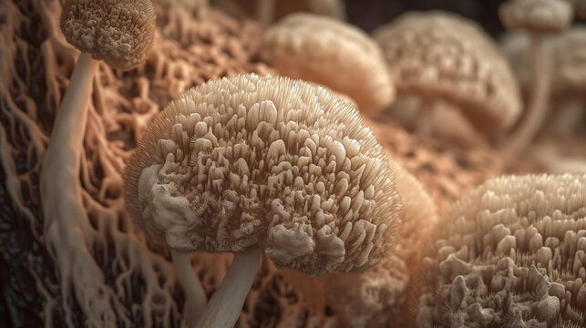 Close-up of fungi, toadstools in forest with mycelium, growing outdoors in a natural habitat. generative AI