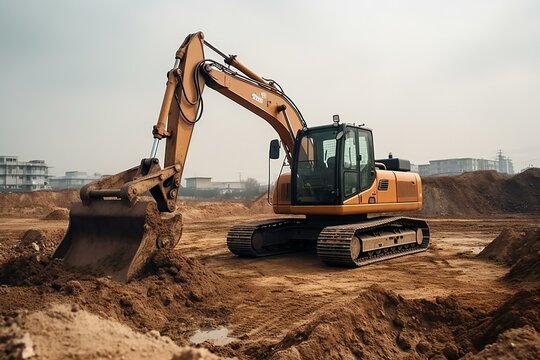  Excavator dig the trenches at a construction site. Generative AI