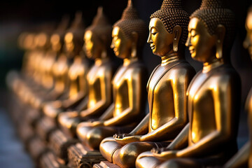 Row of gleaming brass Buddha statues, seated in meditative poses on ornate pedestals during Vesak Day.