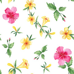 Seamless watercolor pattern with exotic tropical flowers. Hibiscus, alamanda, yellow bell. Botanical illustration isolated on white background. Can be used for fabric prints, gift wrapping paper
