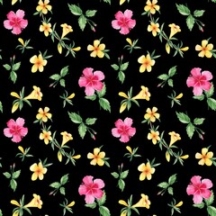 Seamless watercolor pattern with exotic tropical flowers. Hibiscus, alamanda, yellow bell. Botanical illustration isolated on black background. Can be used for fabric prints, gift wrapping paper