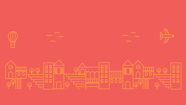 An abstract illustration of a vibrant cityscape, featuring birds in flight above it.