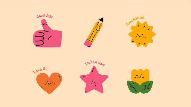 A vibrant design pack featuring a variety of drawings and illustrations, including a pencil and a star