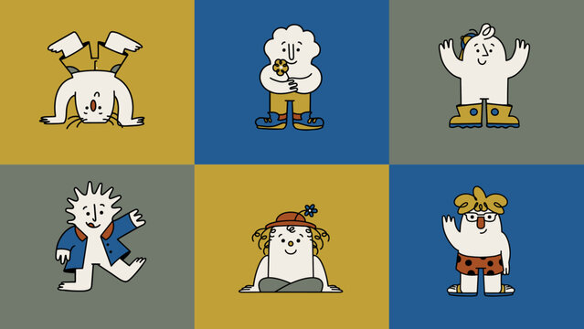 An illustration of cartoon characters playing together. Kids character design package. 