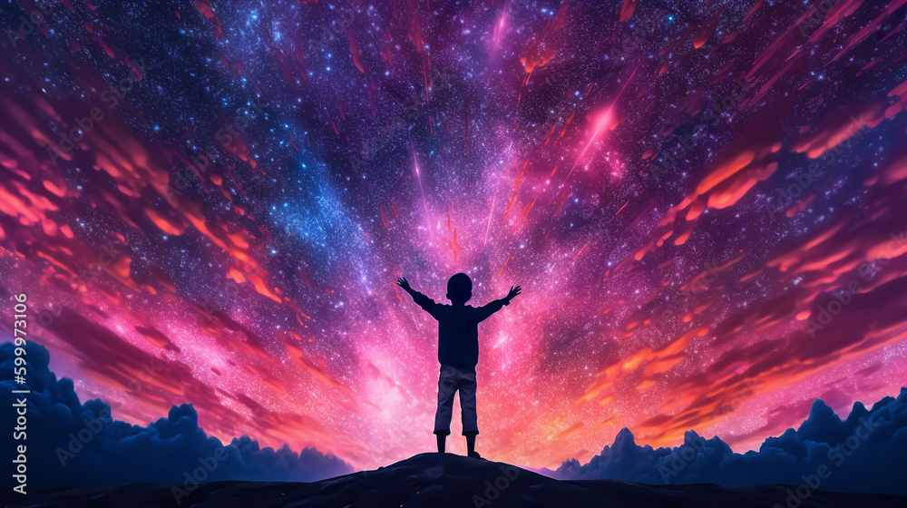 Wall mural illustration silhouette of a small boy with arms outstretched against an epic starry night sky backg