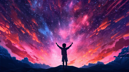 Illustration silhouette of a small boy with arms outstretched against an epic starry night sky background. A.I. generated.
