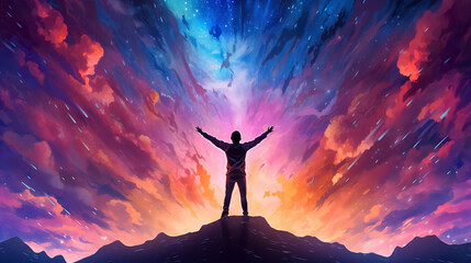 Illustration silhouette of a young man with arms outstretched against an epic starry night sky background. A.I. generated.
