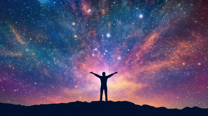Illustration silhouette of a young man with arms outstretched against an epic starry night sky background. A.I. generated.
 - obrazy, fototapety, plakaty