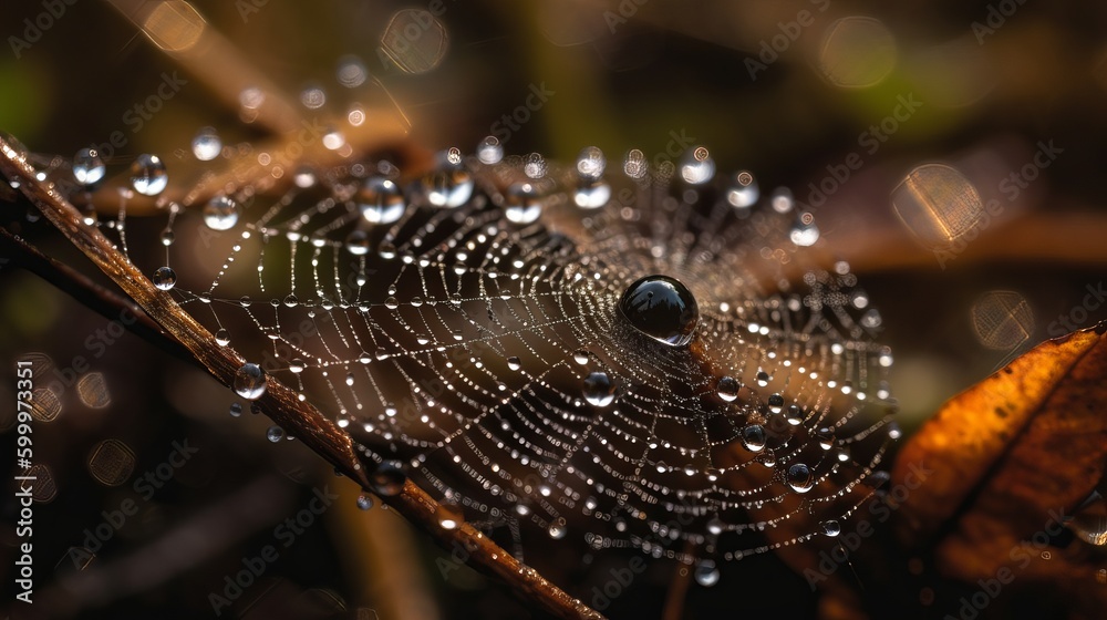 Wall mural macro of raindrops on spider web generative ai