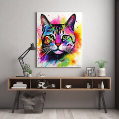 Cat portrait with abstract colorful painting on the wall. 3D Rendering